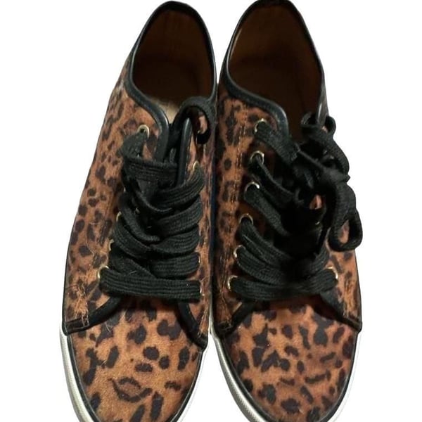 JustFab Cheetah Print Lace Up Sneakers Brown Black Canvas
