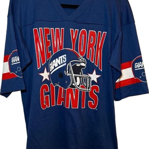 Vintage NFL New York Giants Graphic V-Neck T-Shirt Blue