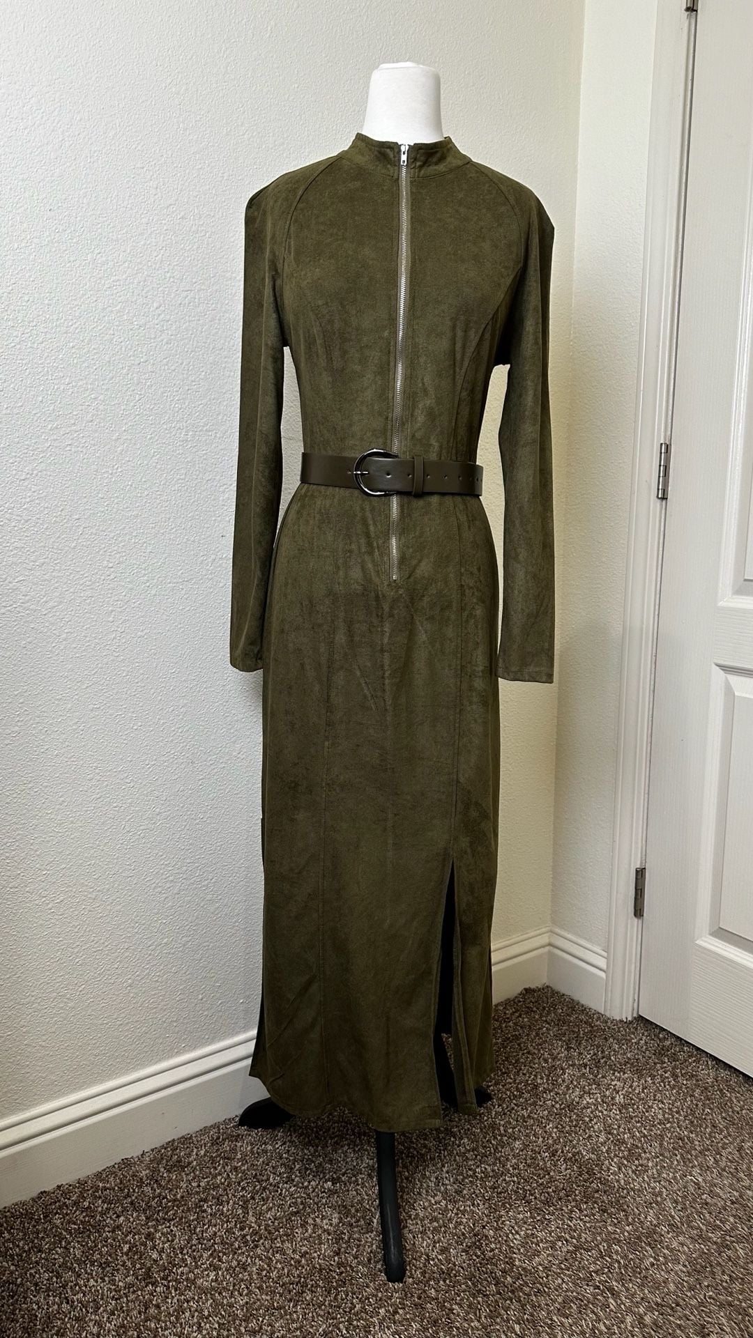 SHEIN Olive Suede Maxi Dress Mock Neck Full Zip Belted Split Long Sleeve 2