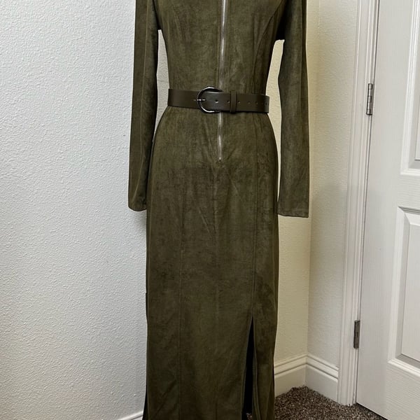 SHEIN Olive Suede Maxi Dress Mock Neck Full Zip Belted Split Long Sleeve