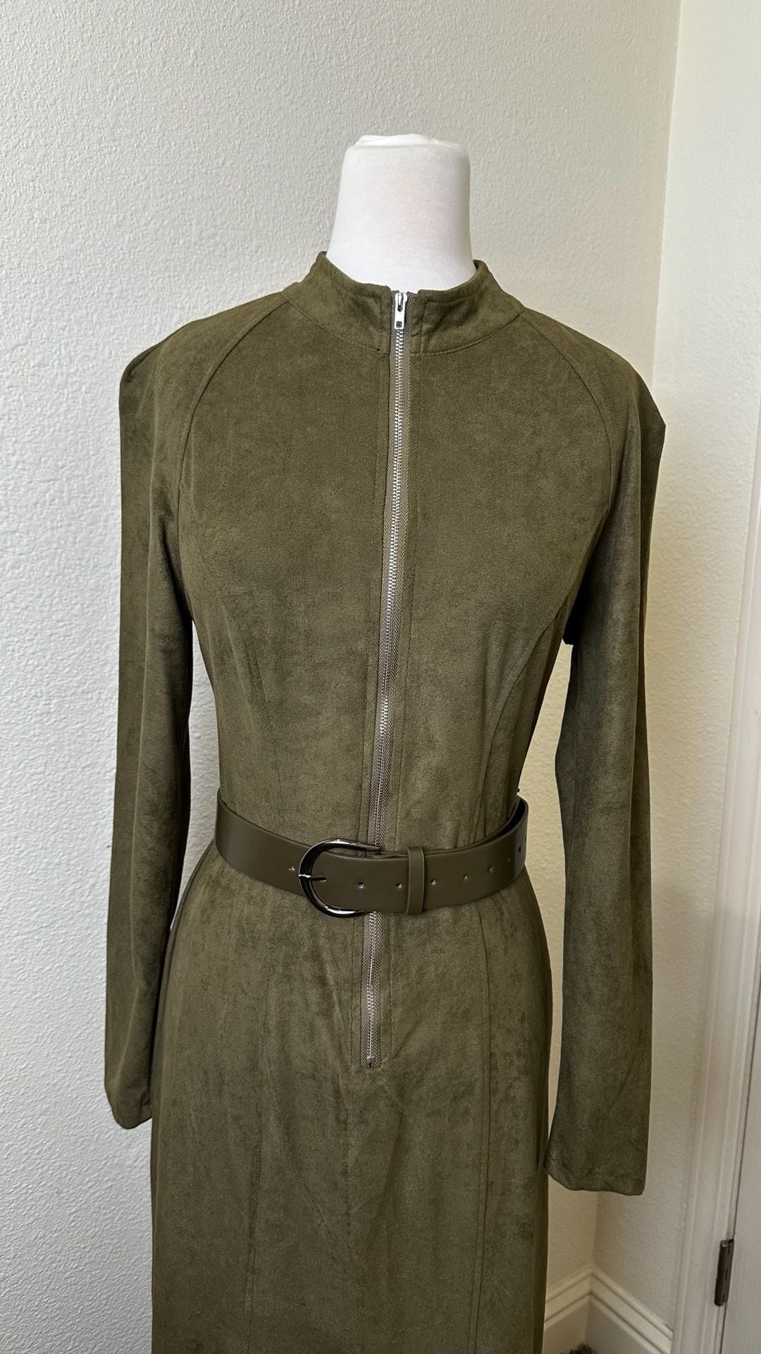 SHEIN Olive Suede Maxi Dress Mock Neck Full Zip Belted Split Long Sleeve 3