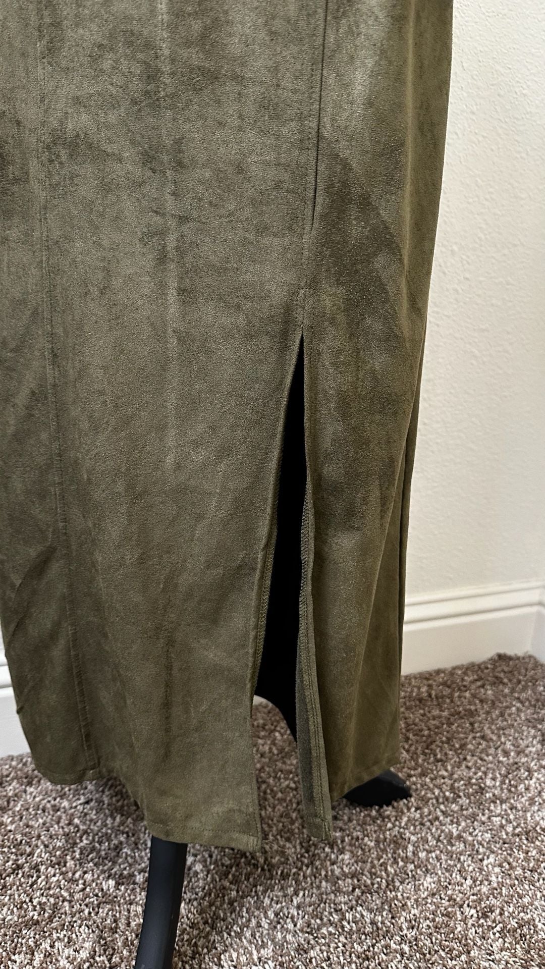 SHEIN Olive Suede Maxi Dress Mock Neck Full Zip Belted Split Long Sleeve 4