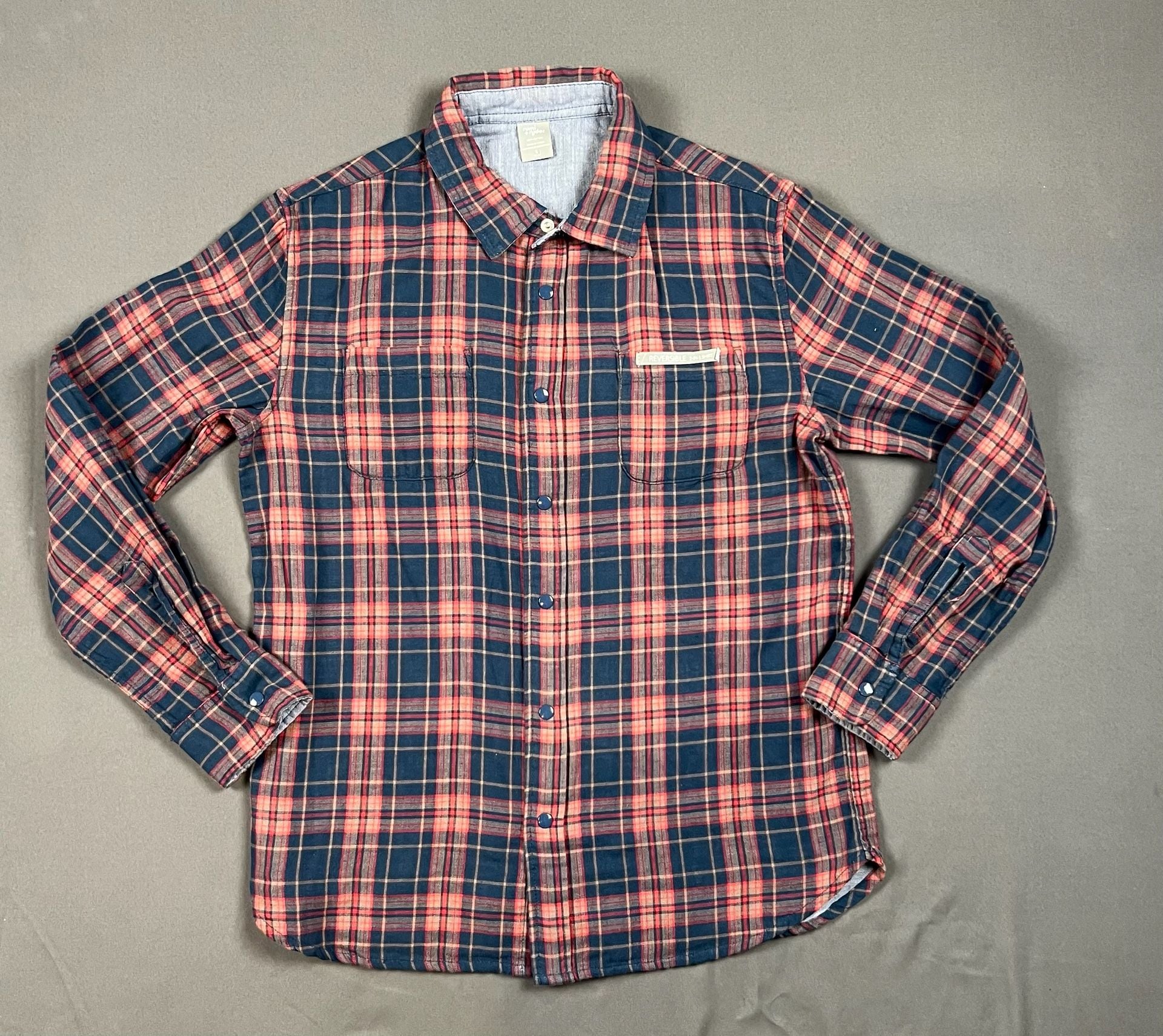rumi + ryder Plaid Reversible Shirt Size L Red Blue Long Sleeve Button Up 2