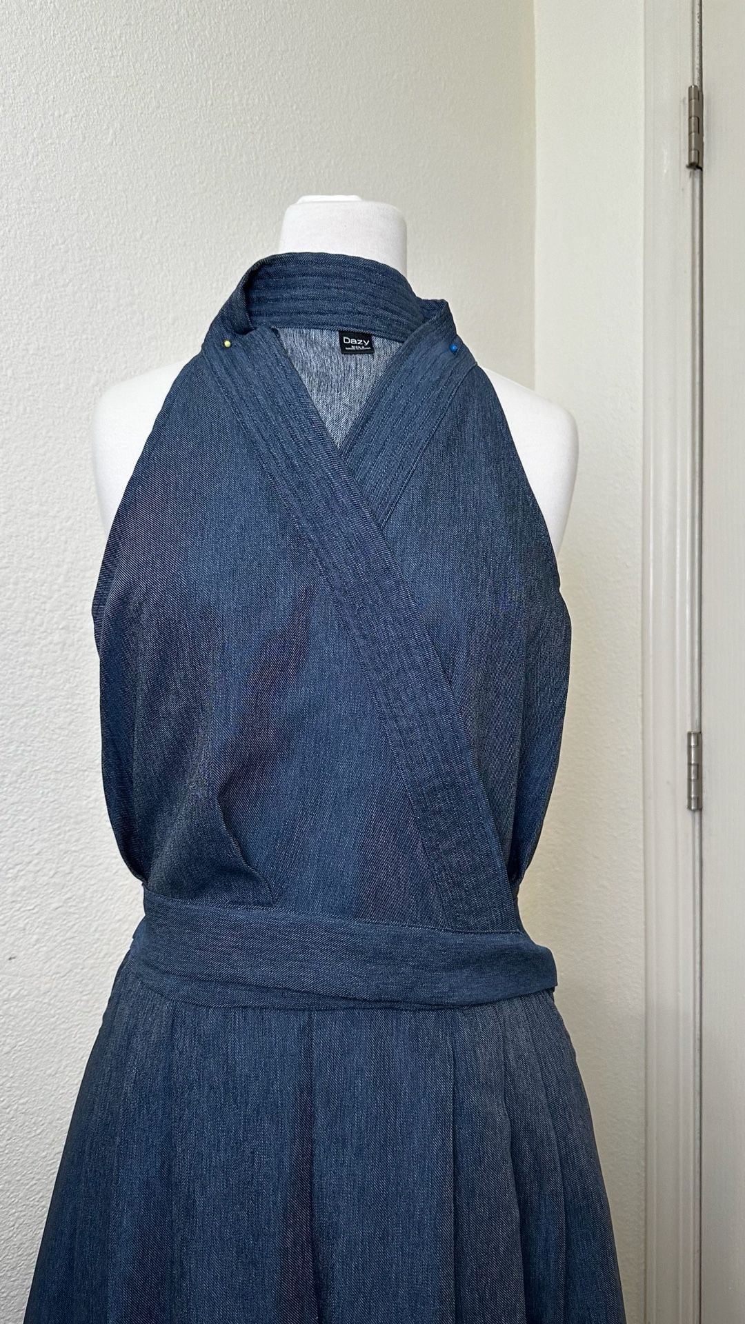 DAZY Halter Jumpsuit Size S Blue Denim Wrap V-Neck Sleeveless 3