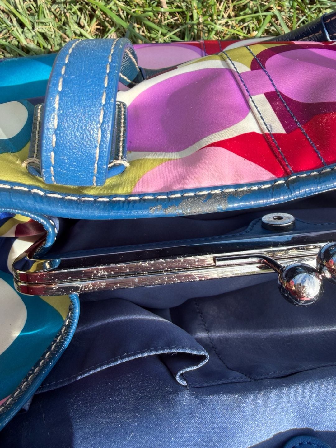 Coach Multi Color Signature scarf Satin Kisslock Tote Handbag 9