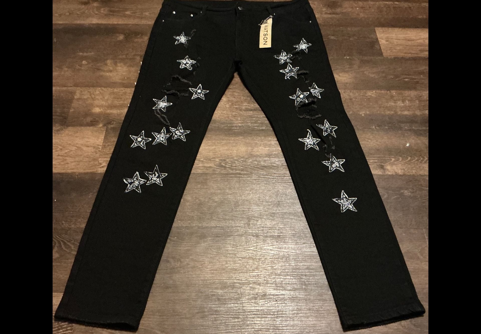 Watson Paisley Star Patch Distressed Black Denim Jeans 3