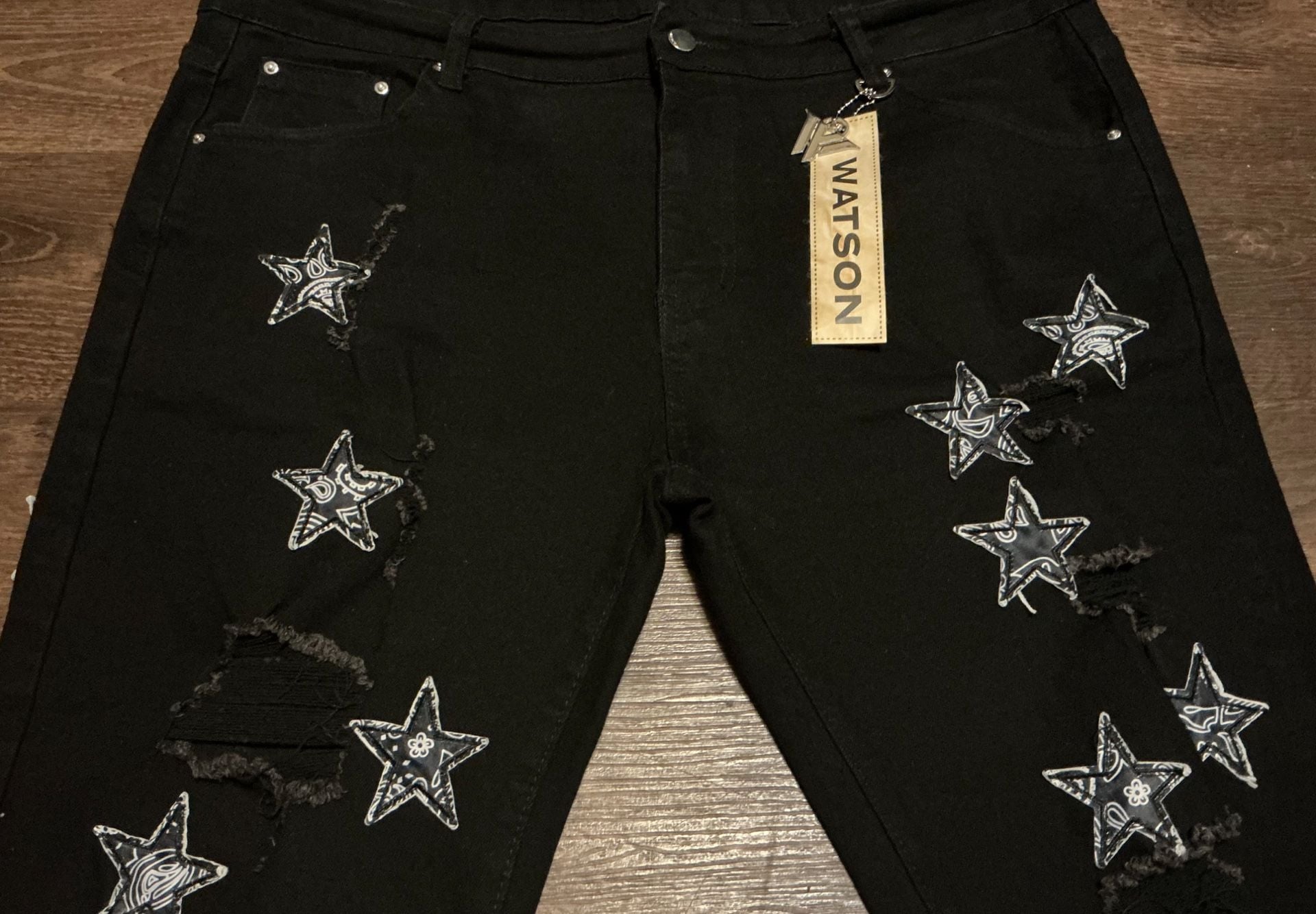 Watson Paisley Star Patch Distressed Black Denim Jeans 4