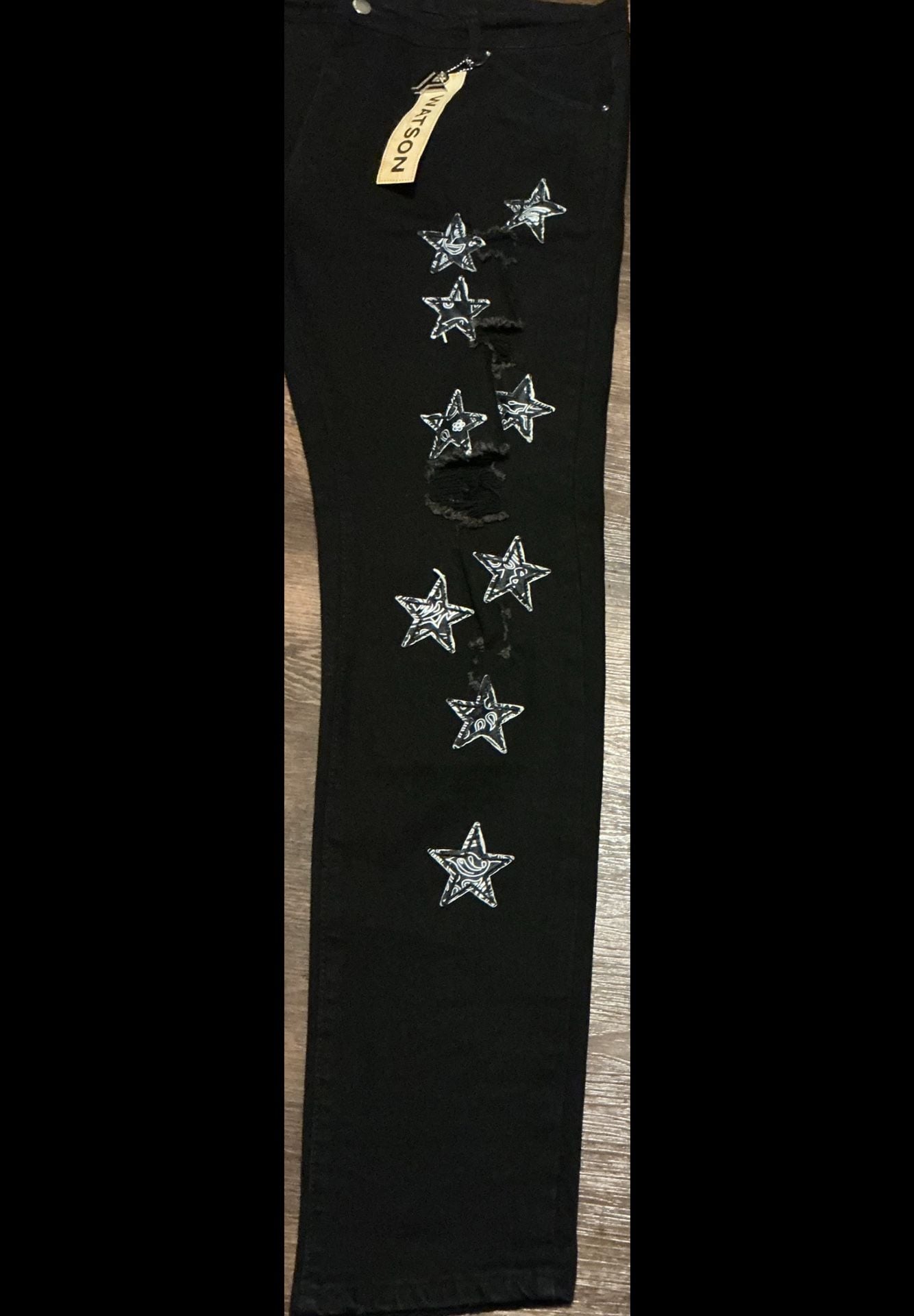 Watson Paisley Star Patch Distressed Black Denim Jeans 6