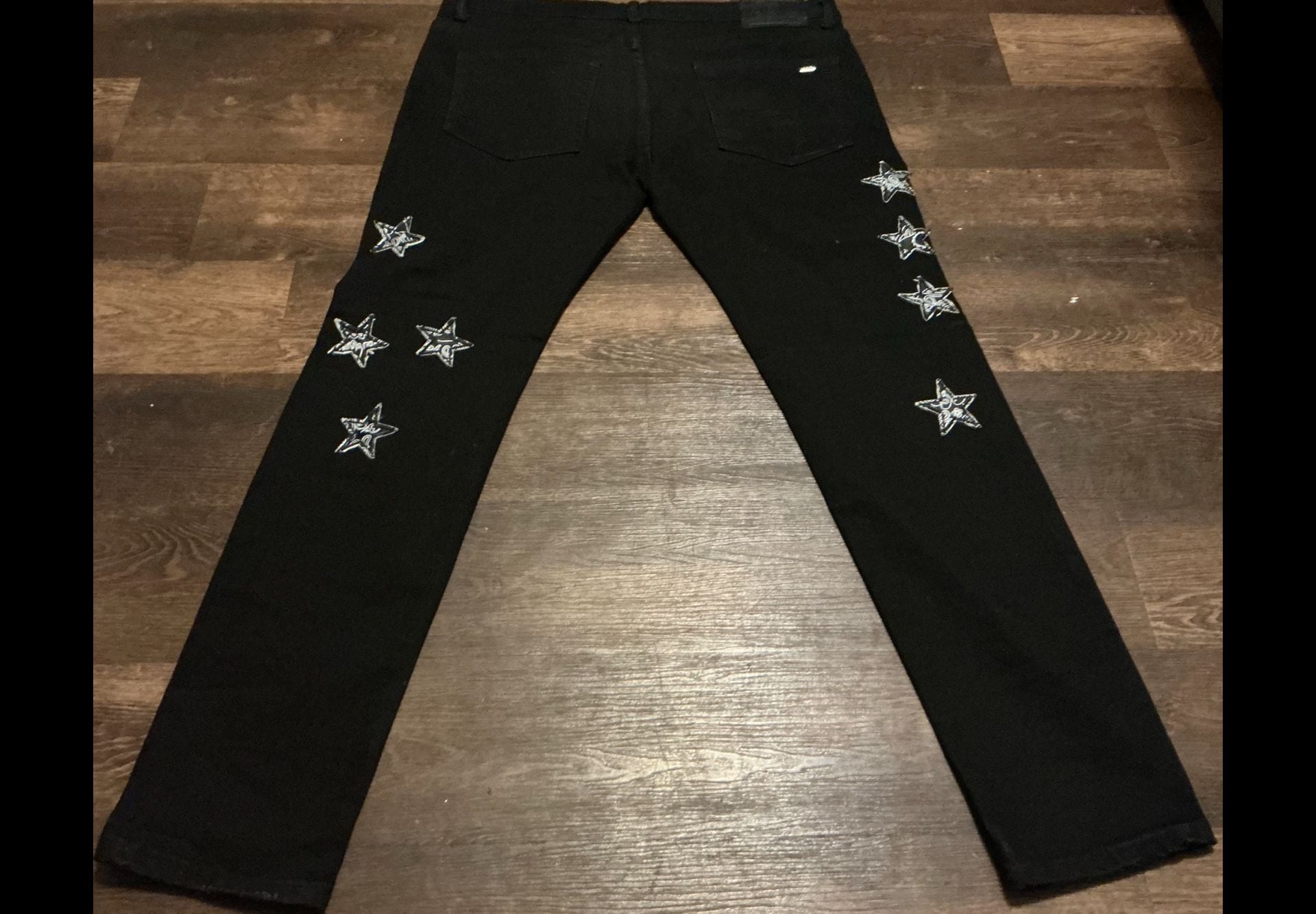Watson Paisley Star Patch Distressed Black Denim Jeans 7