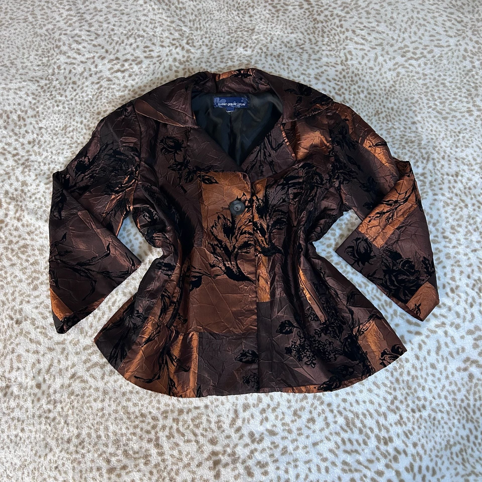 Susan Graver Copper Crinkle Flocked Floral Jacket 2
