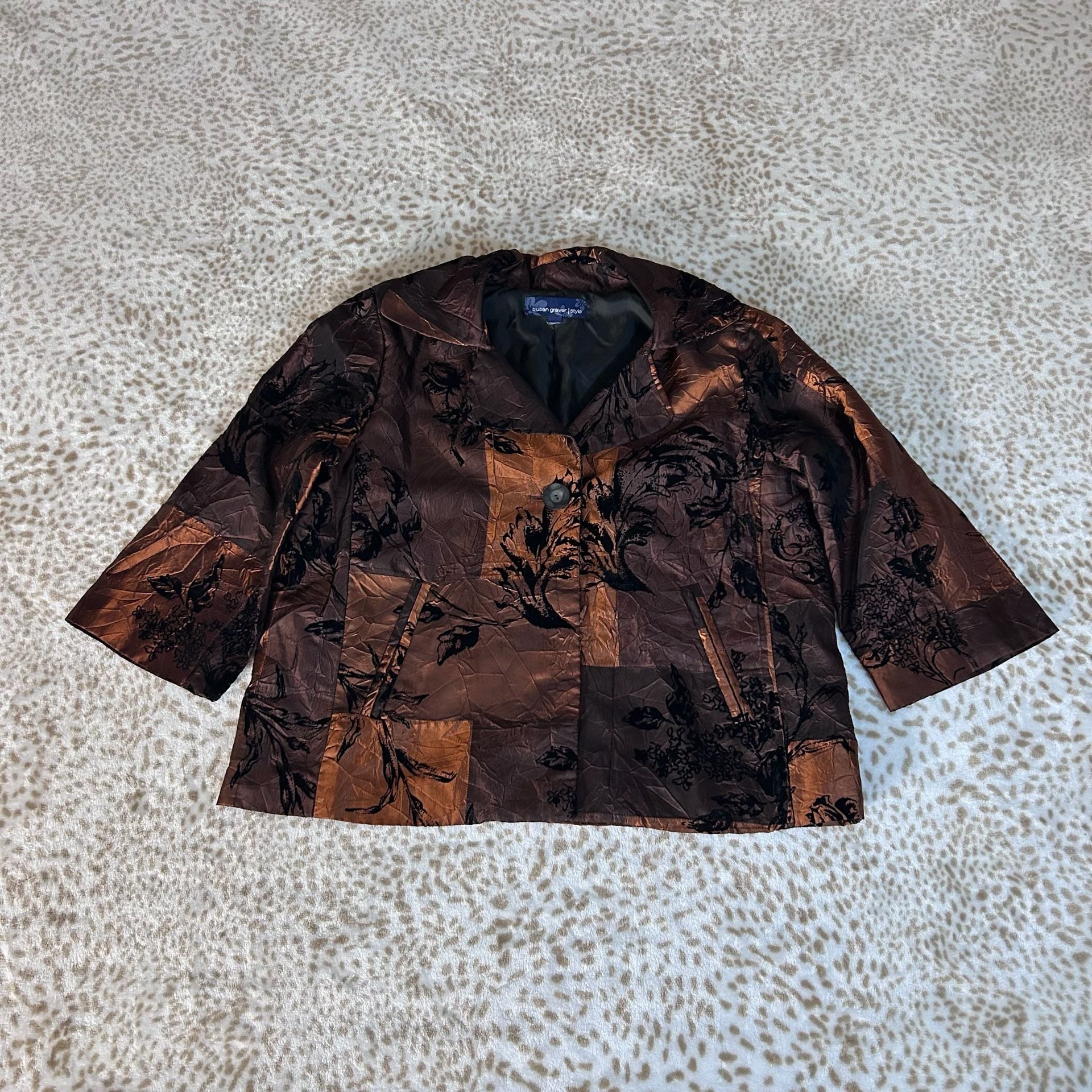 Susan Graver Copper Crinkle Flocked Floral Jacket 3