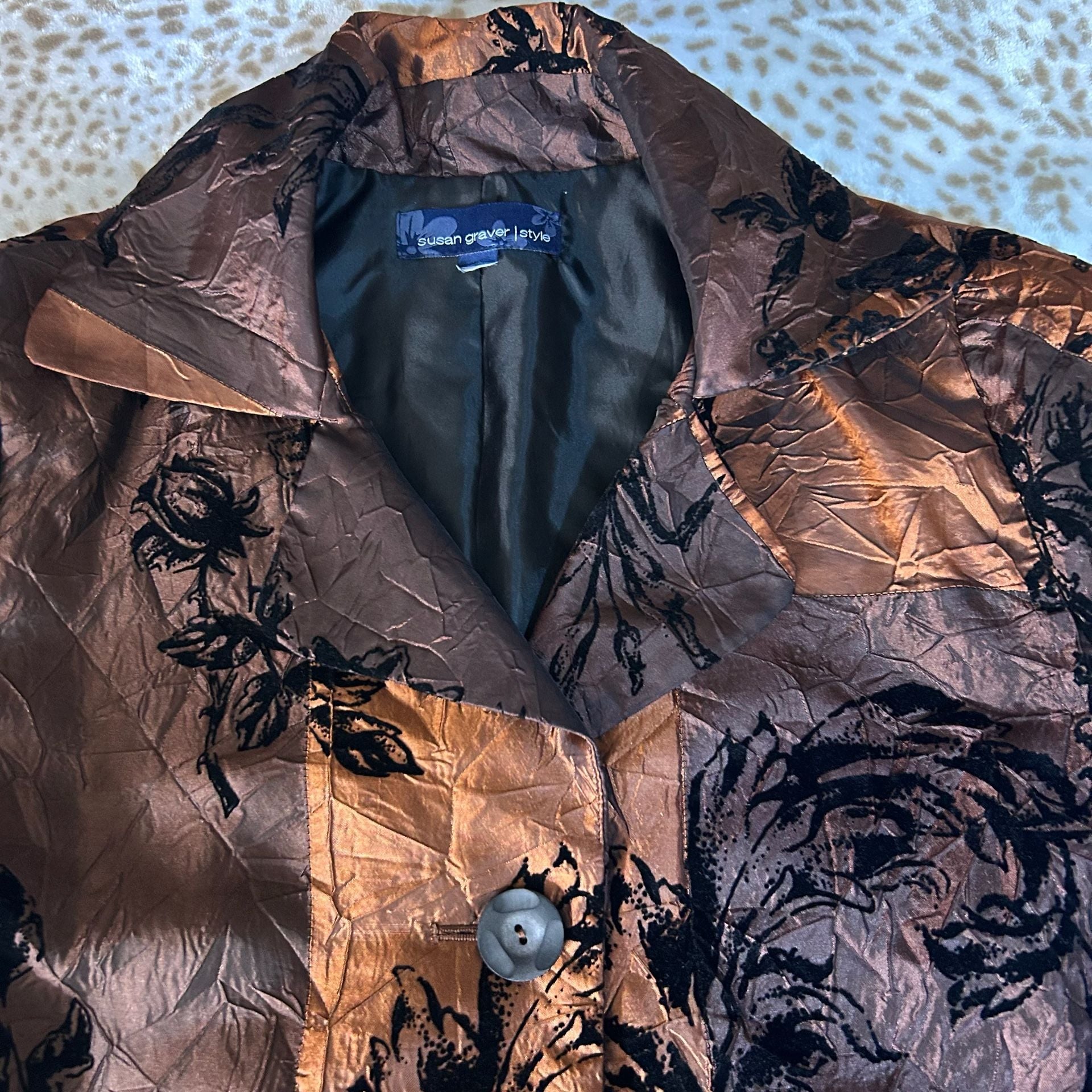 Susan Graver Copper Crinkle Flocked Floral Jacket 4