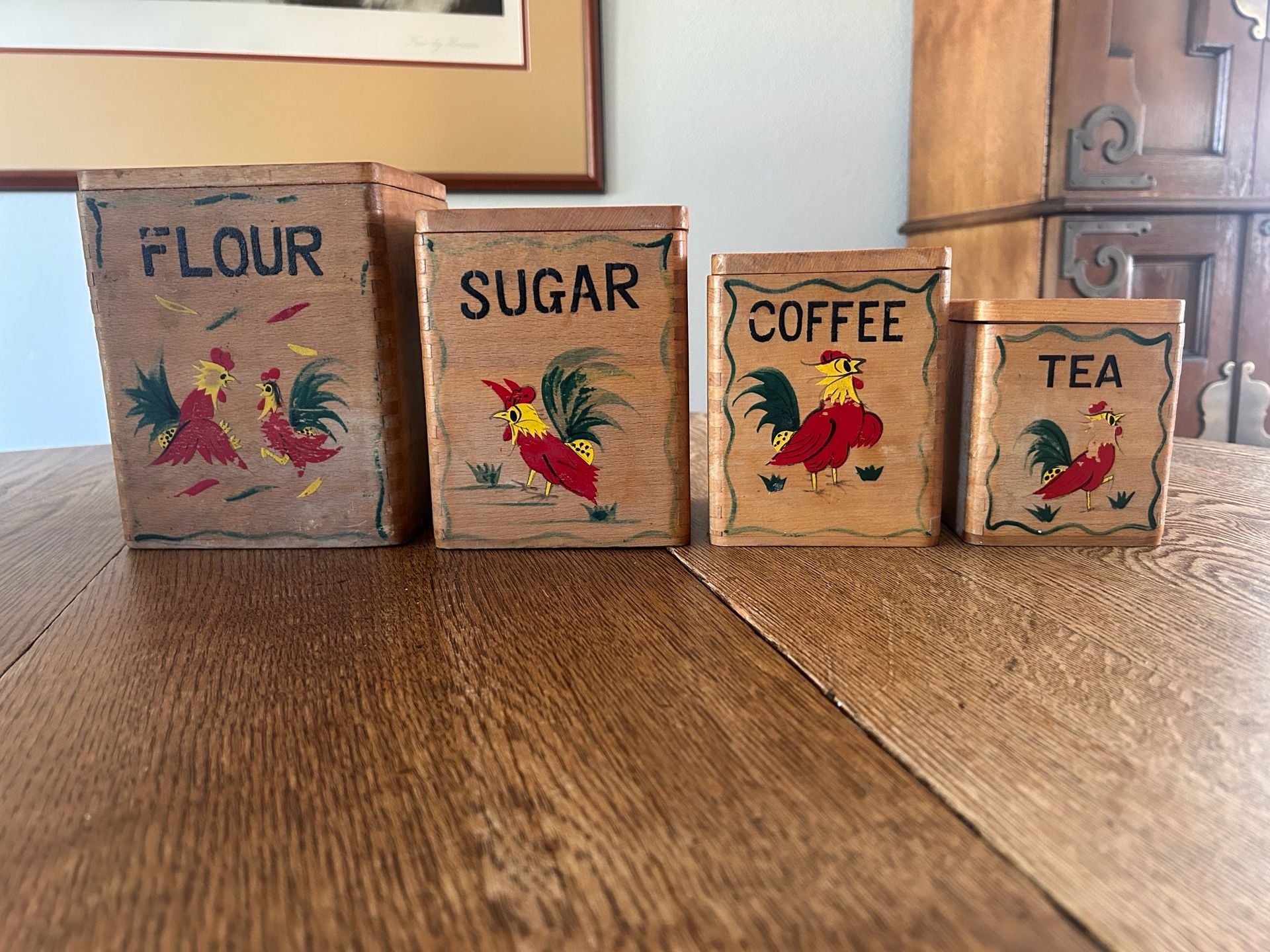 Vintage Wooden Canister Set 4-Piece Hand Painted Rooster Flour Sugar Coffee Tea 1