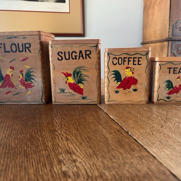 Vintage Wooden Canister Set 4-Piece Hand Painted Rooster Flour Sugar Coffee Tea