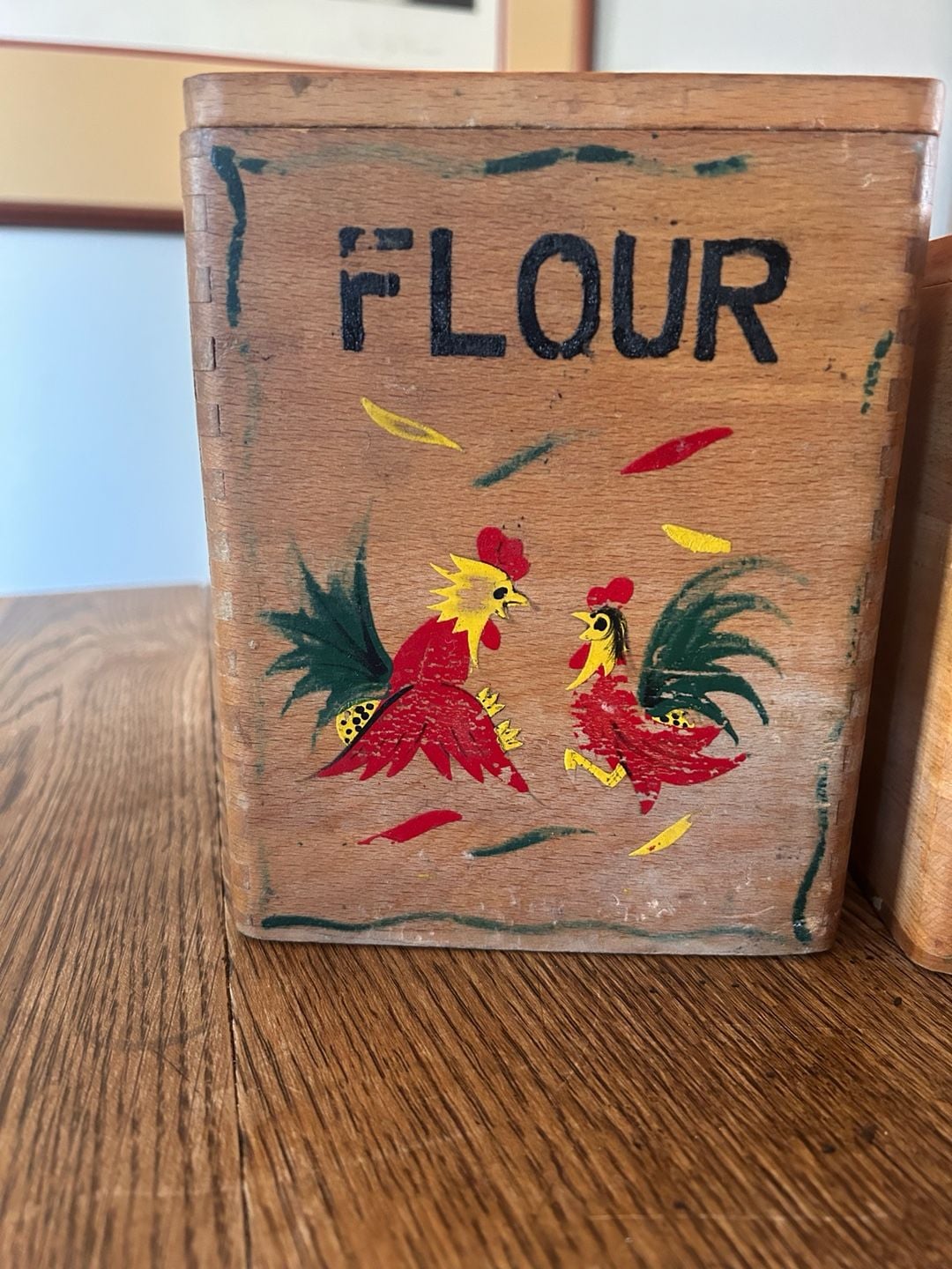 Vintage Wooden Canister Set 4-Piece Hand Painted Rooster Flour Sugar Coffee Tea 2
