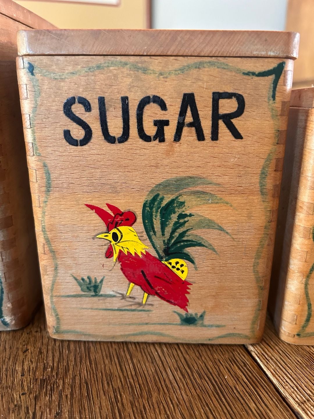 Vintage Wooden Canister Set 4-Piece Hand Painted Rooster Flour Sugar Coffee Tea 3