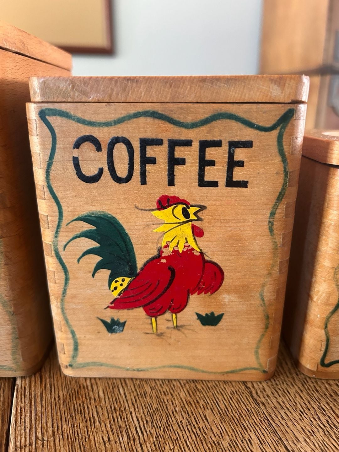 Vintage Wooden Canister Set 4-Piece Hand Painted Rooster Flour Sugar Coffee Tea 4