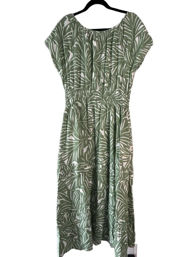 Nicole Miller New York Midi Dress Size L Green Leaf Print Smocked 5