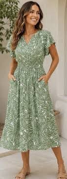 Nicole Miller New York Midi Dress Size L Green Leaf Print Smocked 2