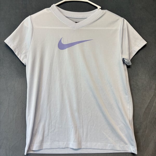 Nike Dri-Fit V-Neck T-Shirt Size Youth L Light Blue Logo Graphic Top