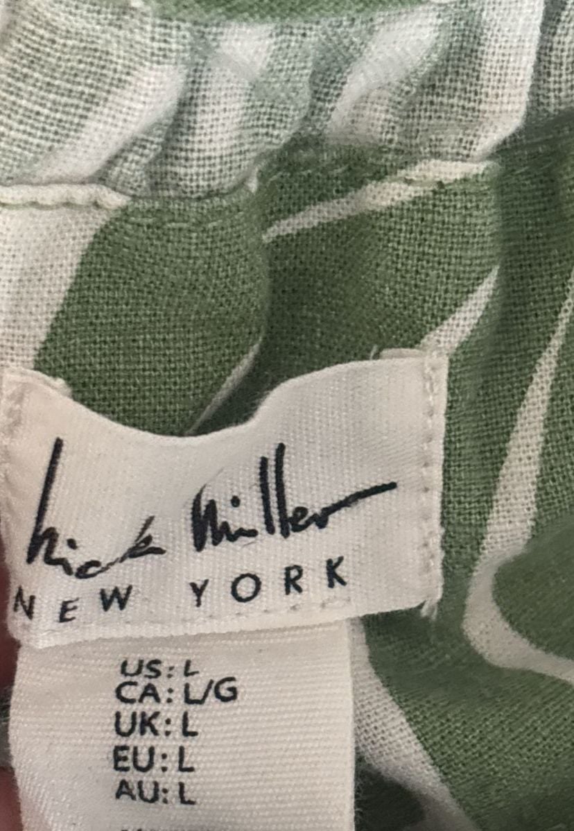 Nicole Miller New York Midi Dress Size L Green Leaf Print Smocked 7