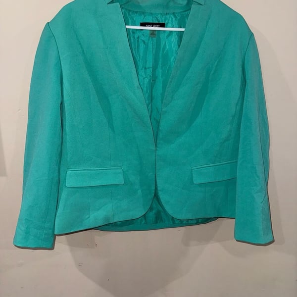 Nine West Blazer Size 12 Teal Green Open Front Lined Jacket