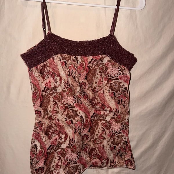 La Kitty Camisole Tank Top Brown Pink Paisley Trim Vintage Y2k