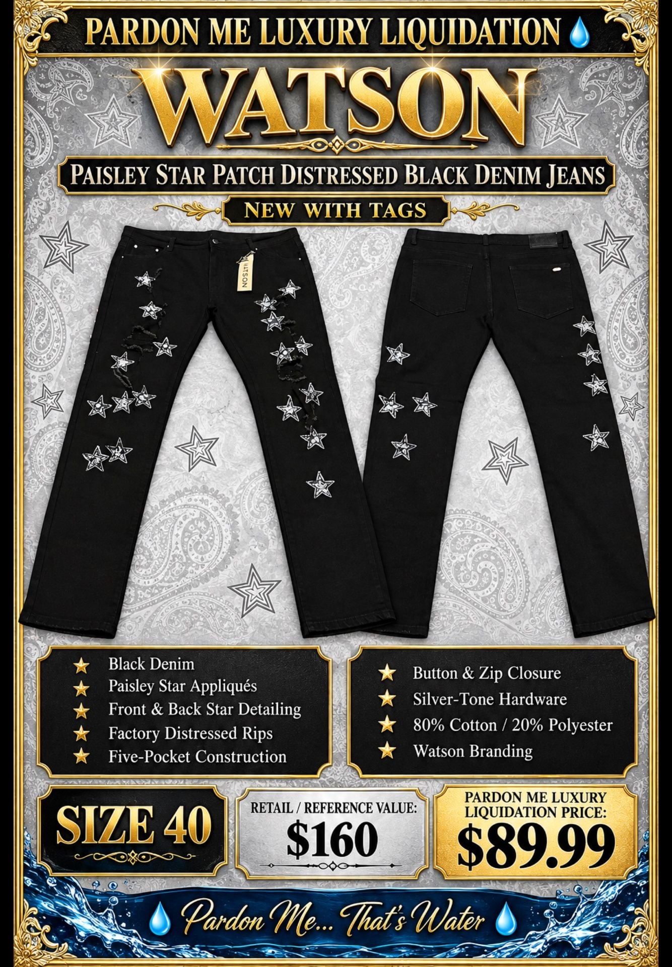 Watson Paisley Star Patch Distressed Black Denim Jeans 2