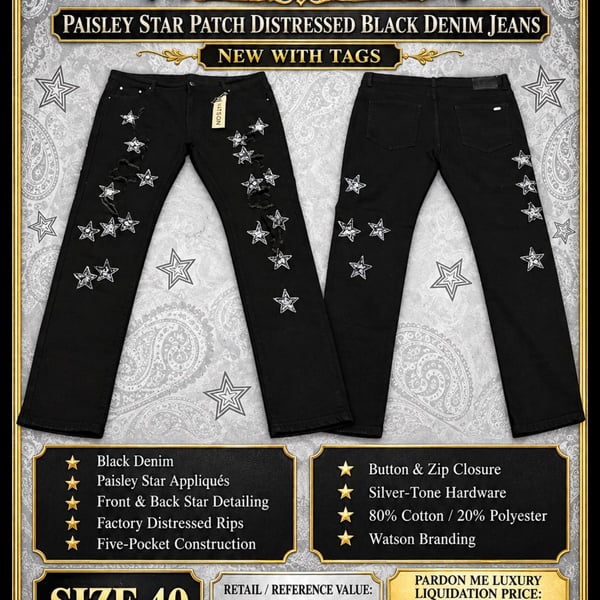 Watson Paisley Star Patch Distressed Black Denim Jeans