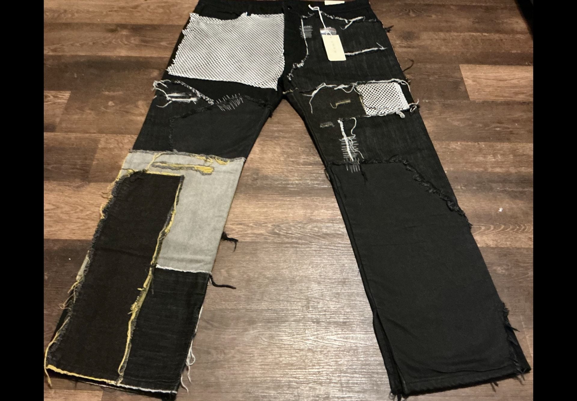 MNML Black Multi-Fabric Patchwork Distressed Denim Jeans 3