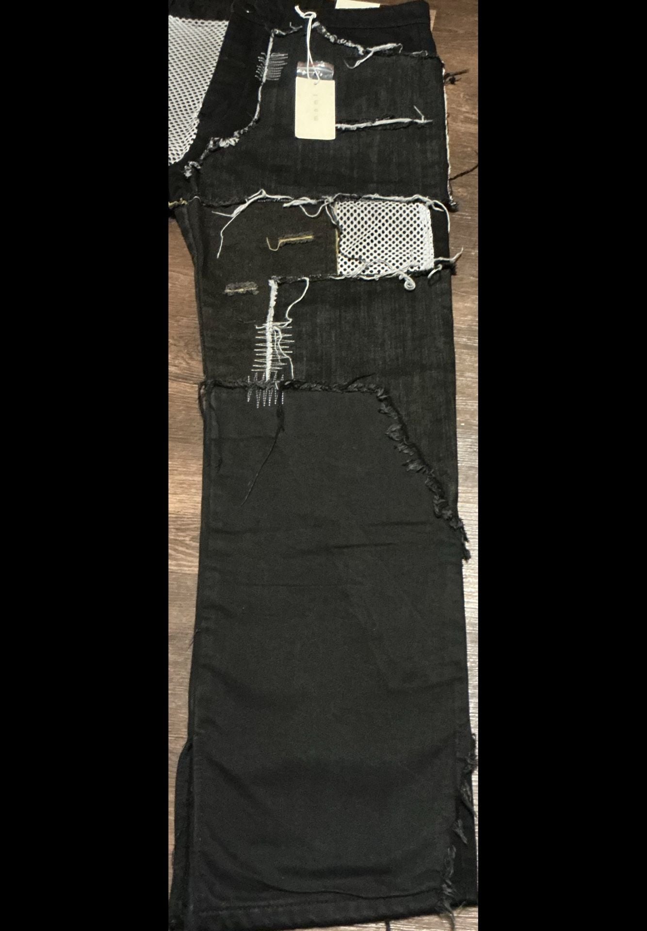 MNML Black Multi-Fabric Patchwork Distressed Denim Jeans 6