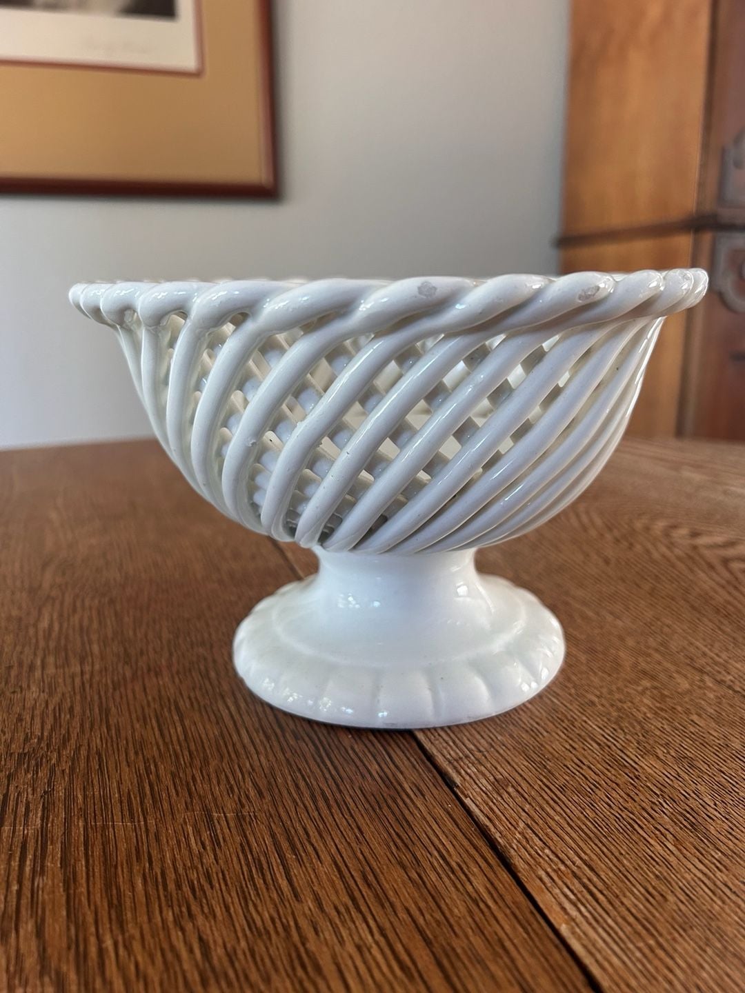 Vintage Ceramic Footed Pedestal Compote Bowl White Woven Lattice Spain 1