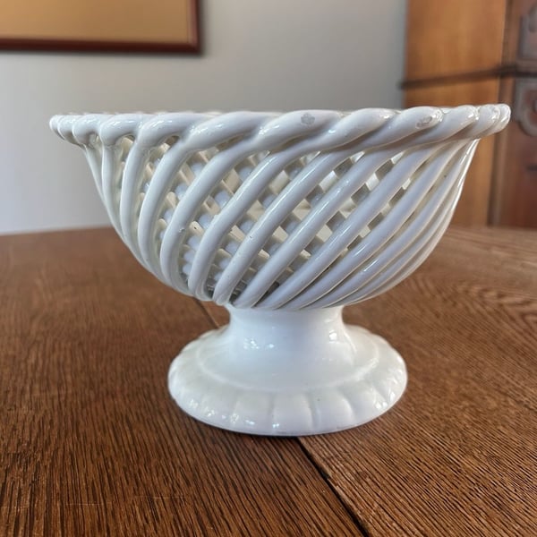 Vintage Ceramic Footed Pedestal Compote Bowl White Woven Lattice Spain