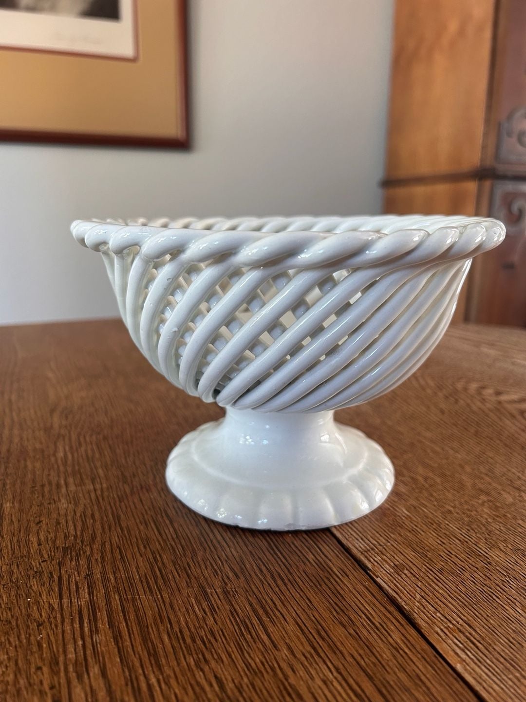 Vintage Ceramic Footed Pedestal Compote Bowl White Woven Lattice Spain 2