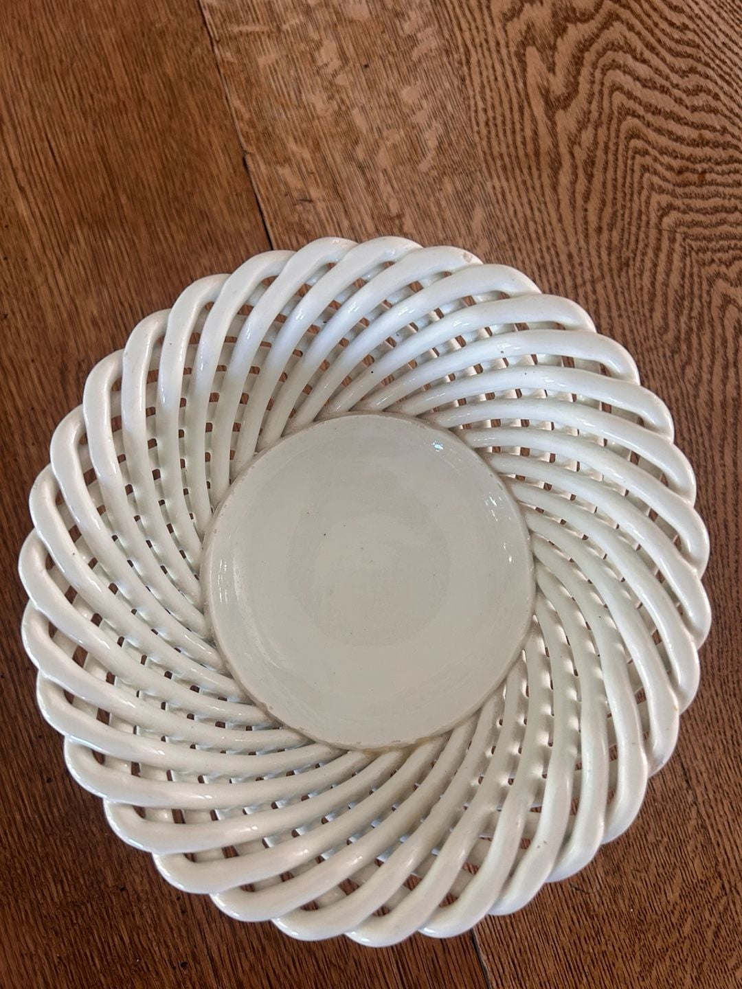 Vintage Ceramic Footed Pedestal Compote Bowl White Woven Lattice Spain 3
