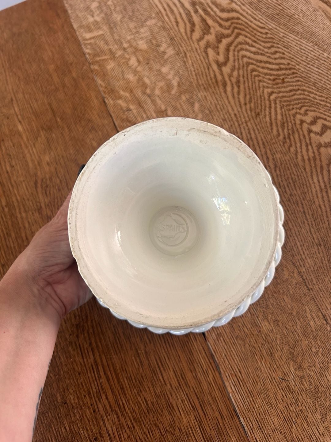 Vintage Ceramic Footed Pedestal Compote Bowl White Woven Lattice Spain 4