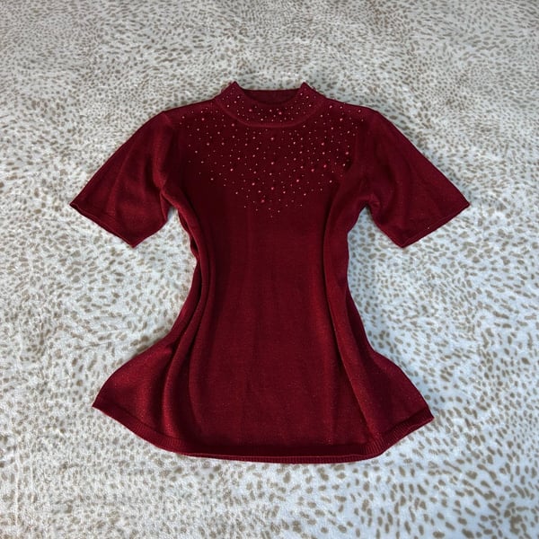 Susan Graver Style Burgundy Short Sleeve Mock Neck Beaded Top