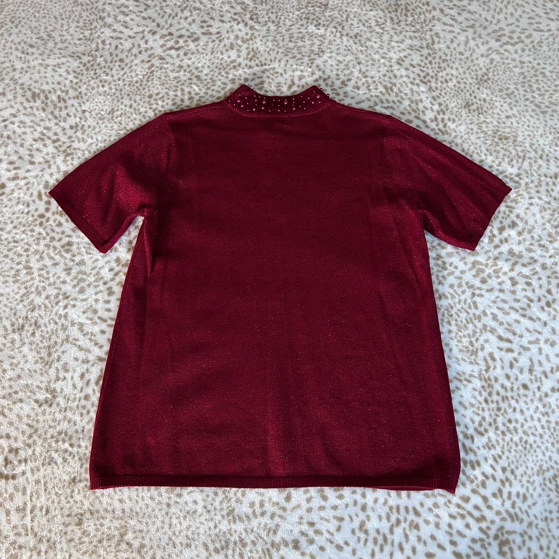 Susan Graver Style Burgundy Short Sleeve Mock Neck Beaded Top 8