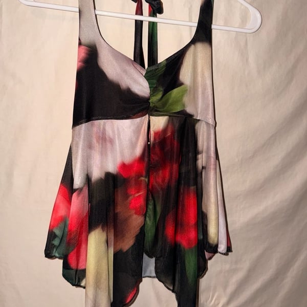 Mesh Halter Floral Print Asymmetric Hem Top Y2K Aesthetic