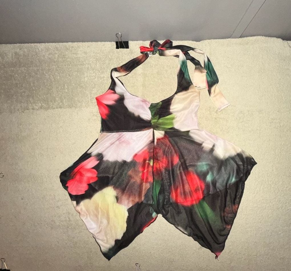 Mesh Halter Floral Print Asymmetric Hem Top Y2K Aesthetic 6