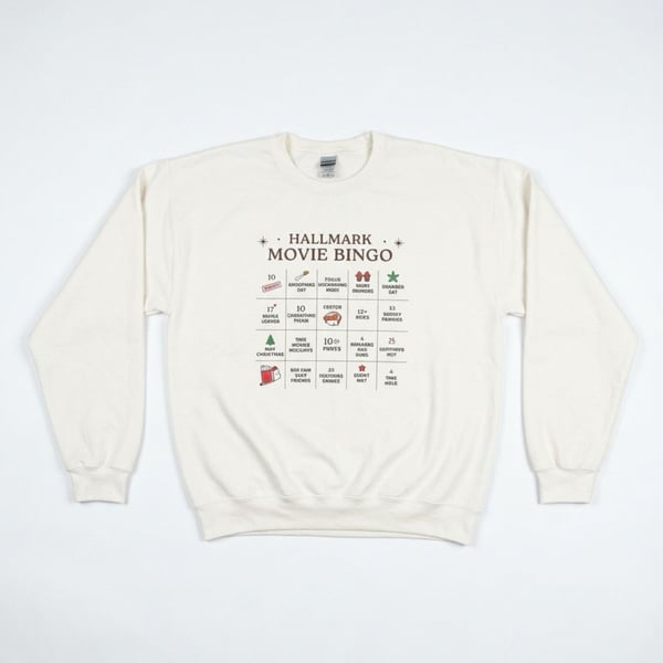 Hallmark Movie Bingo Christmas Sweatshirt Gildan Heavy Blend White Large Holiday
