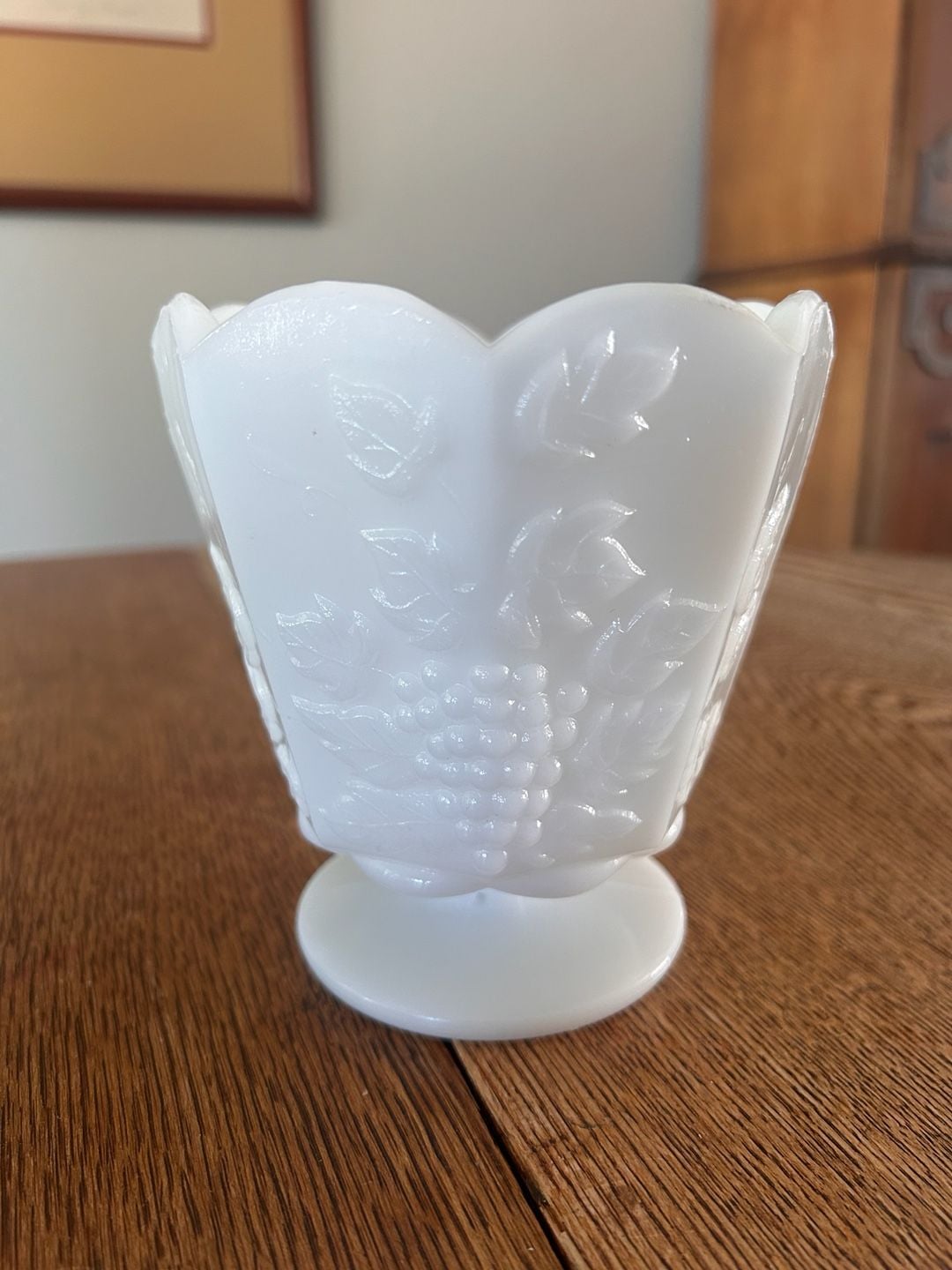 E.O. Brody White Milk Glass Grapevine Pedestal Vase 1