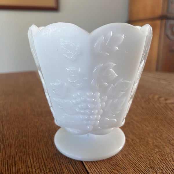 E.O. Brody White Milk Glass Grapevine Pedestal Vase