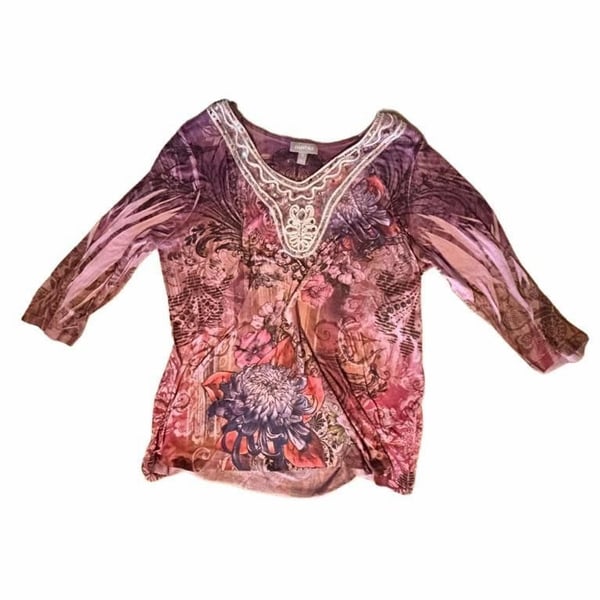 Essentials Top Size 1X Pink Floral Sequins Y2K Fairy Grunge