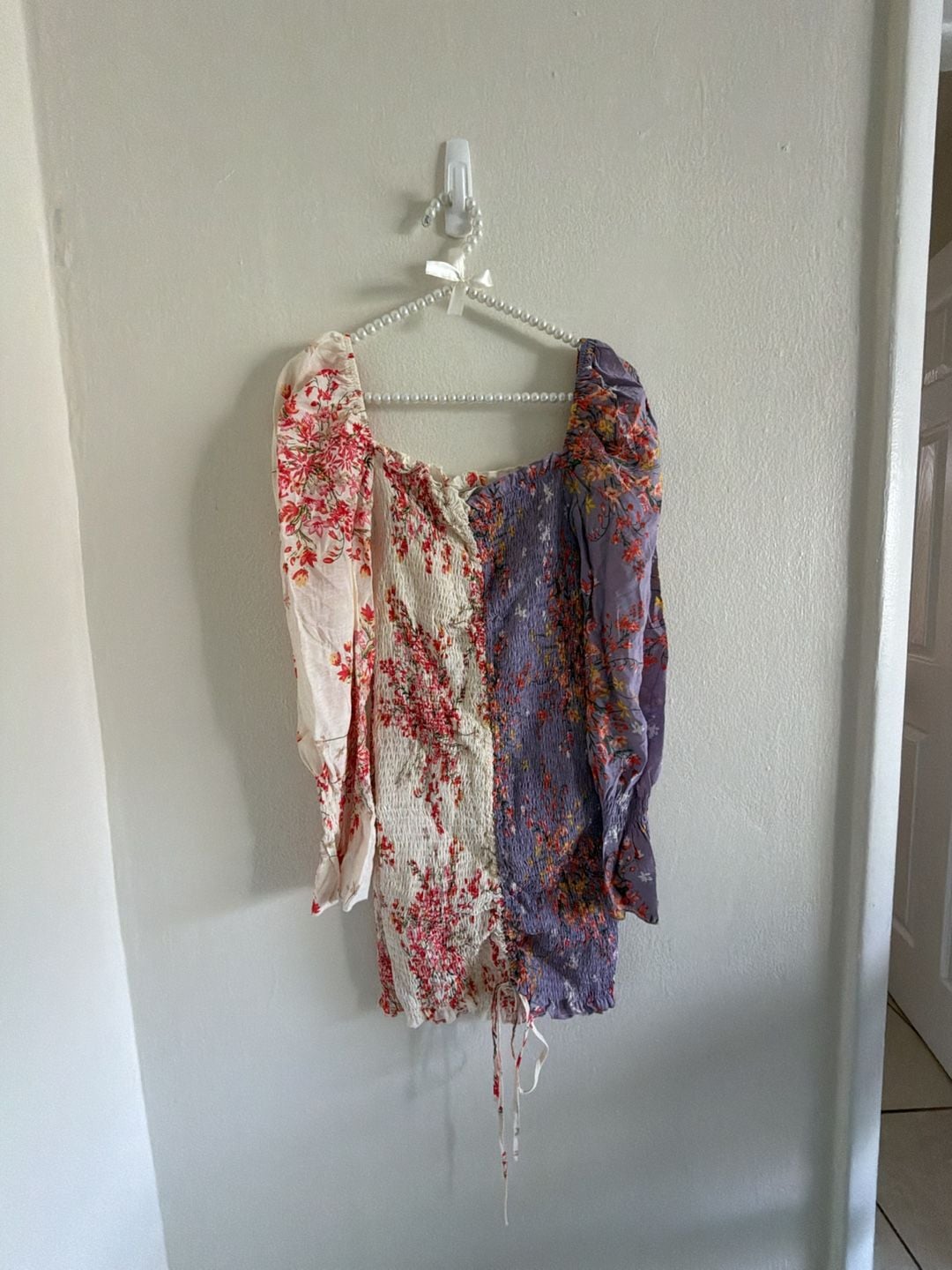 O.Vianca Floral Ruched Bodycon Dress Size L Purple Cream 1