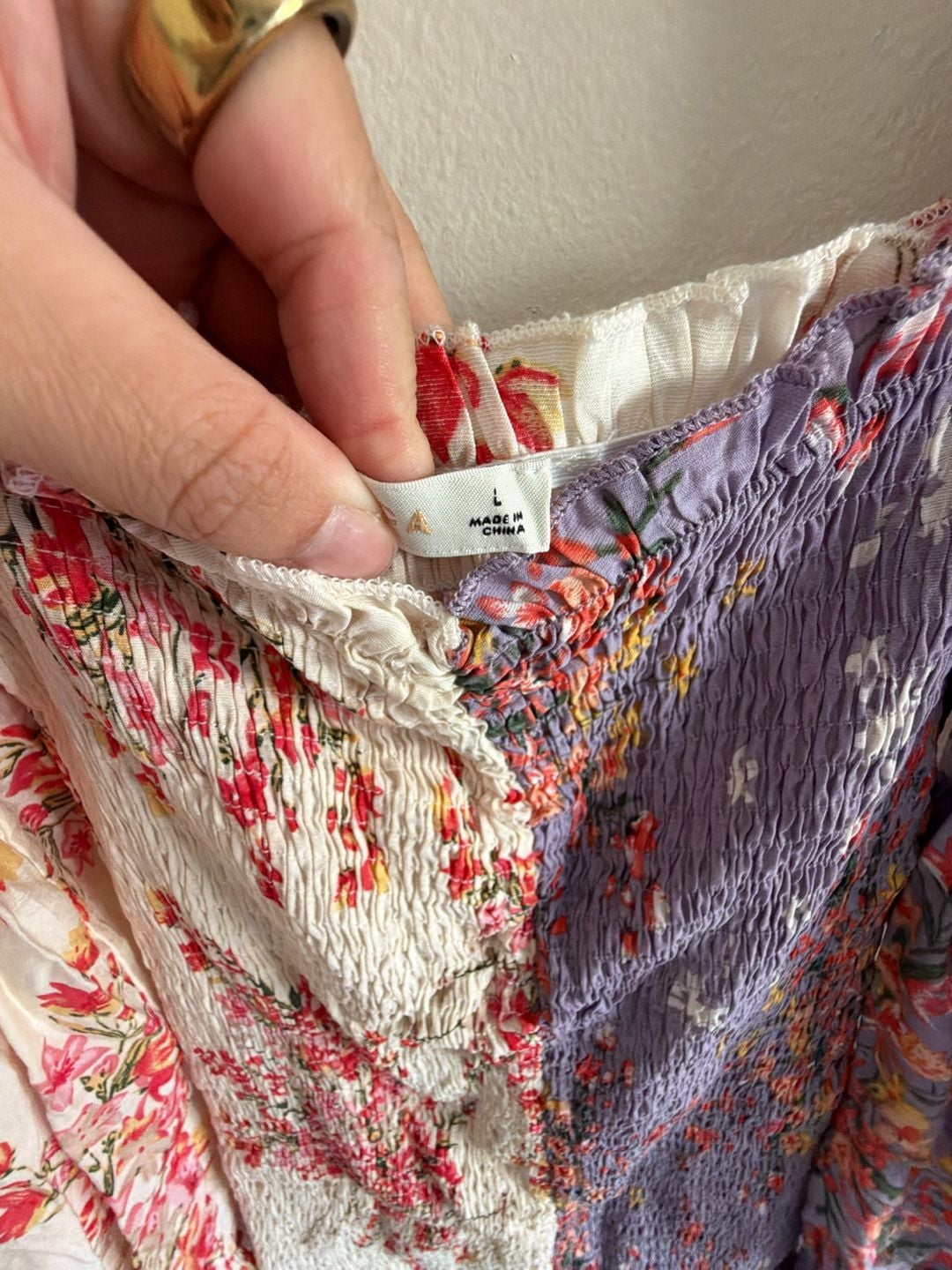 O.Vianca Floral Ruched Bodycon Dress Size L Purple Cream 3