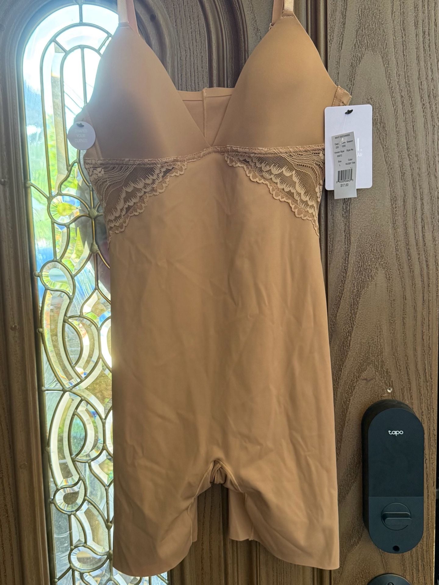 Real Shapewear Bodysuit Size L Tan Lace Trim Mid-Thigh 2