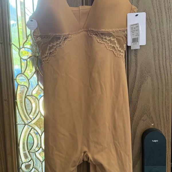 Real Shapewear Bodysuit Size L Tan Lace Trim Mid-Thigh