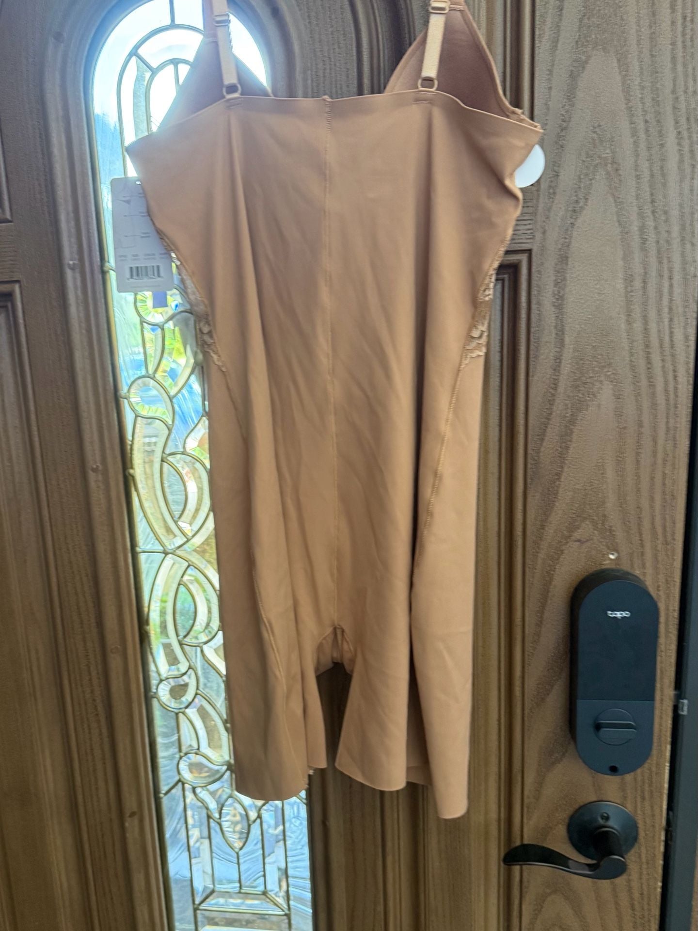 Real Shapewear Bodysuit Size L Tan Lace Trim Mid-Thigh 5