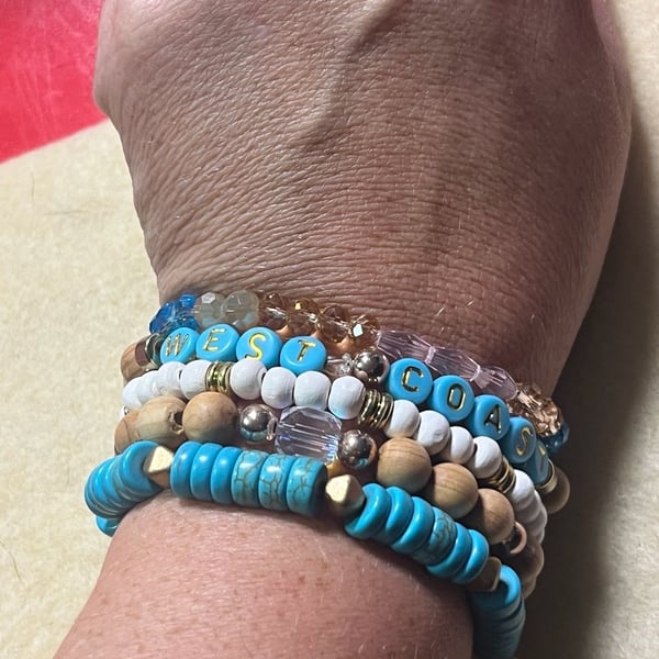 Reagan Inc. Boutique  West Coast Beaded Bracelet Stack Turquoise Wood Crystals
